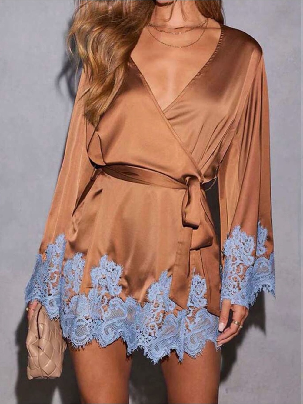 Satin Wrap Chemise with Blue Lace Trim - Women Intimates